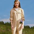 Puff-sleeve Pocket-detail Buckled Jumpsuit Beige - One Size