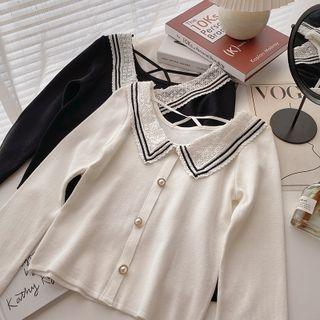 Long-sleeve Peter-pan Collar Lace-trim Knit Top