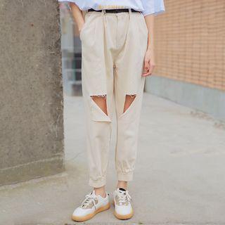 Ripped Gathered Cuff Tapered Pants