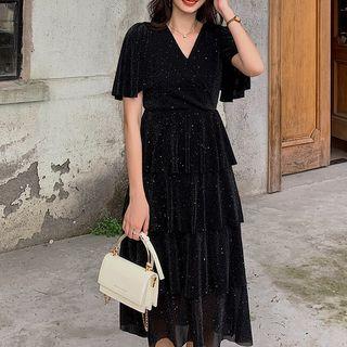 Sequined Short-sleeve Midi Layered Dress
