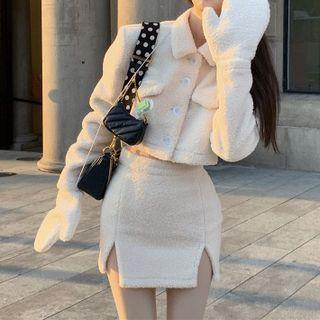 Collared Single-breasted Fleece Jacket / Mini Pencil Skirt / Mittens