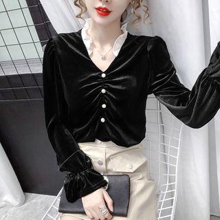 Ruffle Panel V-neck Velvet Blouse