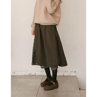 Gingham-panel Long Gathered Skirt