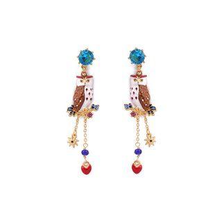Fashion And Elegant Plated Gold Enamel Owl Tassel Earrings With Cubic Zirconia Golden - One Size