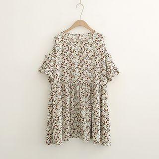 Floral Print Short-sleeve Cold-shoulder Chiffon Dress