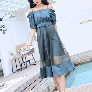 Elbow-sleeve Cold-shoulder A-line Mesh Panel Dress