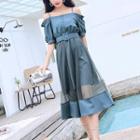 Elbow-sleeve Cold-shoulder A-line Mesh Panel Dress