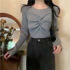 Long-sleeve Plain Knotted Ruched Knit Top