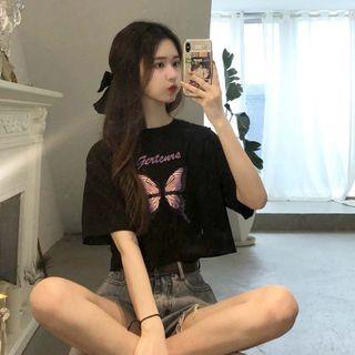 Short Sleeve Butterfly Print Cropped T-shirt