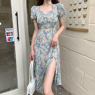 Puff-sleeve V-neck Floral Print Slit Midi A-line Dress