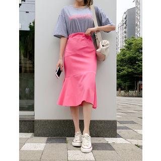 Set: Drop-shoulder Letter Print T-shirt + Ruffle-hem Skirt