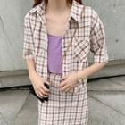 Plain Camisole Top / Plaid Short-sleeve Shirt / Mini A-line Skirt / Set