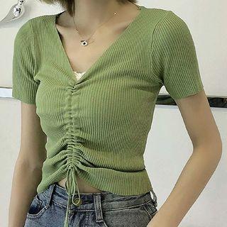 Ruched Front Short-sleeve Cropped Knit Top