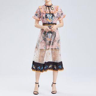 Ruffle Trim Mesh Panel Printed Midi A-line Dress