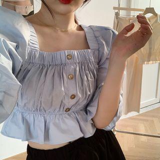 Ruffle Trim Elbow-sleeve Square-neck Cropped Blouse Blue - One Size