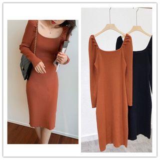 Long-sleeve Knit Scoop-neck Sheath Dress