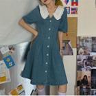 Short-sleeve Collared Denim A-line Dress