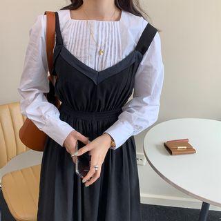 Plain Long-sleeve Loose-fit Blouse / High-waist Sleeveless Dress