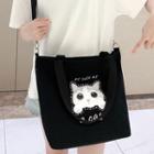 Cat Print Canvas Tote Bag Premium - Kitty Head - Black - One Size