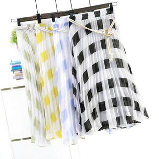 Check Pleated Chiffon Skirt With Rope