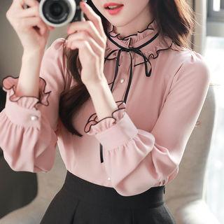 Tie-neck Piped Frill-trim Blouse