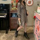 Long-sleeve Floral-pattern A-line Wrap Dress