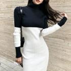 Turtleneck Two-tone Knit Midi Bodycon Dress Black & White - One Size