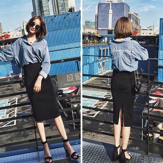 Set: Embroidered Long-sleeve Shirt + Midi Skirt
