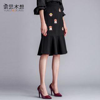 Embroidered Ruffle Hem Midi Skirt