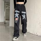 Star Print Distressed High-waist Wide-leg Jeans