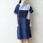 Color Block Short-sleeve A-line Dress Navy Blue - One Size
