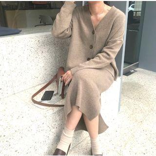 V-neck Cardigan / Mini Slit-side Knit Skirt