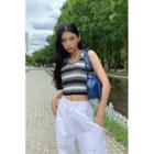 Sleeveless Stripe Knit Crop Top Charcoal Gray - One Size