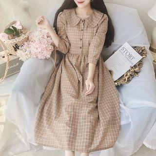 3/4-sleeve Plaid Midi A-line Dress Camel - One Size