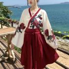 Floral Long-sleeve Hanfu Top / Midi A-line Skirt