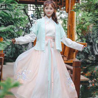 Set: Long-sleeve Hanfu Top + Maxi Skirt + Short-sleeve Jacket