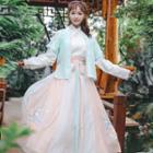 Set: Long-sleeve Hanfu Top + Maxi Skirt + Short-sleeve Jacket