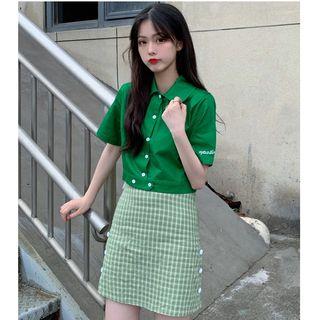 Short-sleeve Cropped Shirt / Plaid A-line Skirt