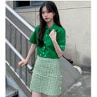 Short-sleeve Cropped Shirt / Plaid A-line Skirt