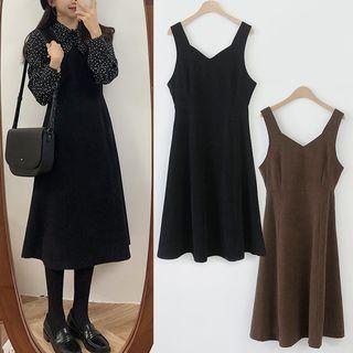 Dotted Tie-neck Blouse/ Midi Pinafore Dress