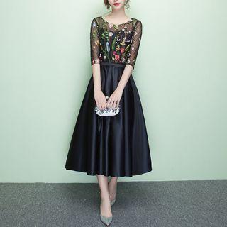 Floral Embroidered Elbow-sleeve Midi Cocktail Dress