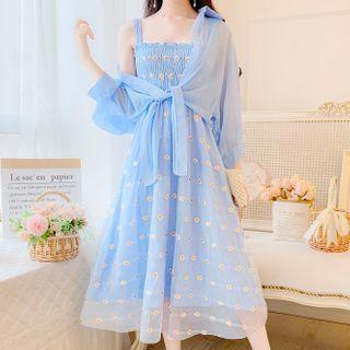 Set: Floral Print Sleeveless Maxi A-line Dress + Plain Shirt
