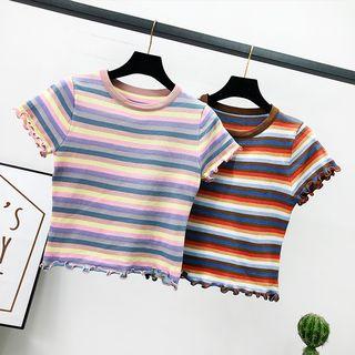 Rainbow-stripe Ruffled-trim Crop T-shirt