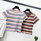 Rainbow-stripe Ruffled-trim Crop T-shirt