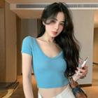 Short-sleeve V-neck Plain Cropped Knit T-shirt