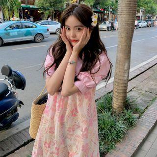 Puff-sleeve Blouse / Floral Midi A-line Overall Dress