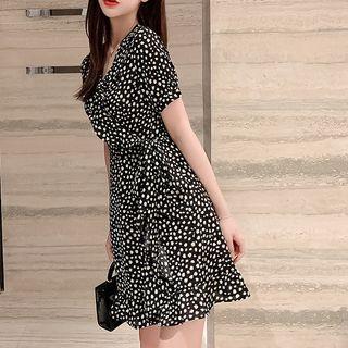 Short-sleeve Dotted Frill Trim A-line Dress