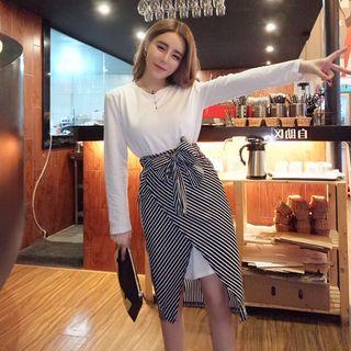 Set: Long-sleeve Shirtdress + Striped Skirt