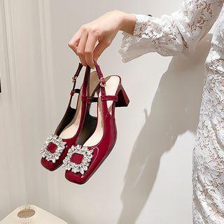 Chunky Heel Rhinestone Buckle Slingback Sandals