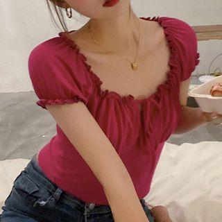 Ruffled Short-sleeve Cropped Top Rose Pink - One Size